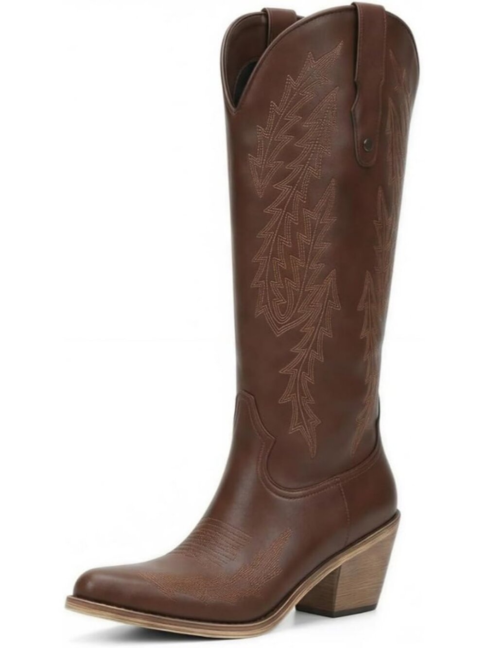 Women's Brown Western Knee High Boots Pointed Toe Chunky Heel Embroidered